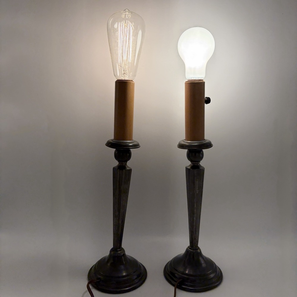 Vintage Pair Colonial Pewter Tone Electric Candlestick Window Lamps Fluted Metal